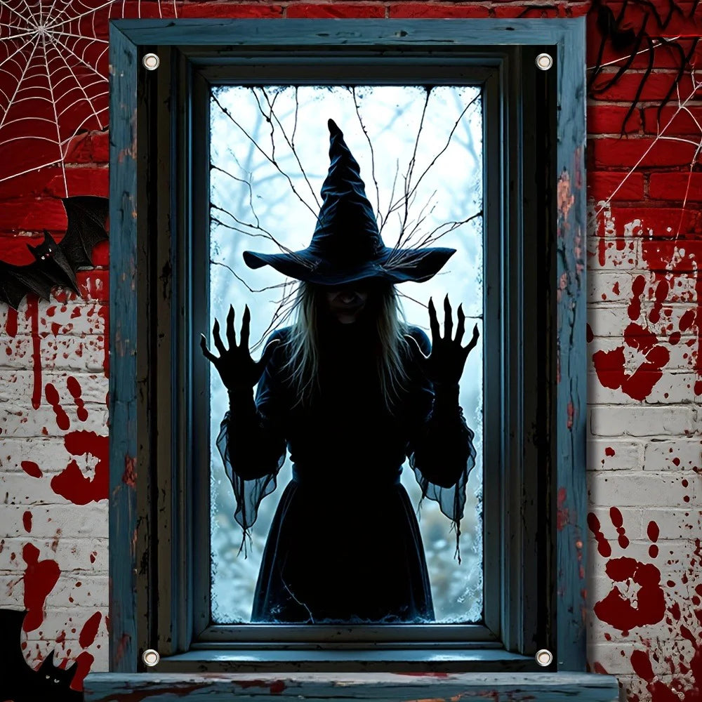 Decoração de Janela de Halloween com Silhueta 2D de Bruxa, Banner e Cortina com Estampa de Mão de Fantasma Assustadora para Festa em Casa e Decoração de Casa Assombrada