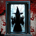 Decoração de Janela de Halloween com Silhueta 2D de Bruxa, Banner e Cortina com Estampa de Mão de Fantasma Assustadora para Festa em Casa e Decoração de Casa Assombrada