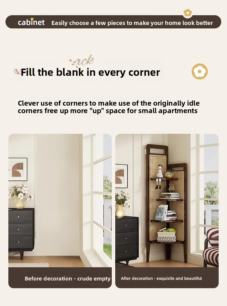 Estante Retro Triangular de Canto com Trama de Rattan para Sala de Estar, Divisória e Armazenamento para Quarto