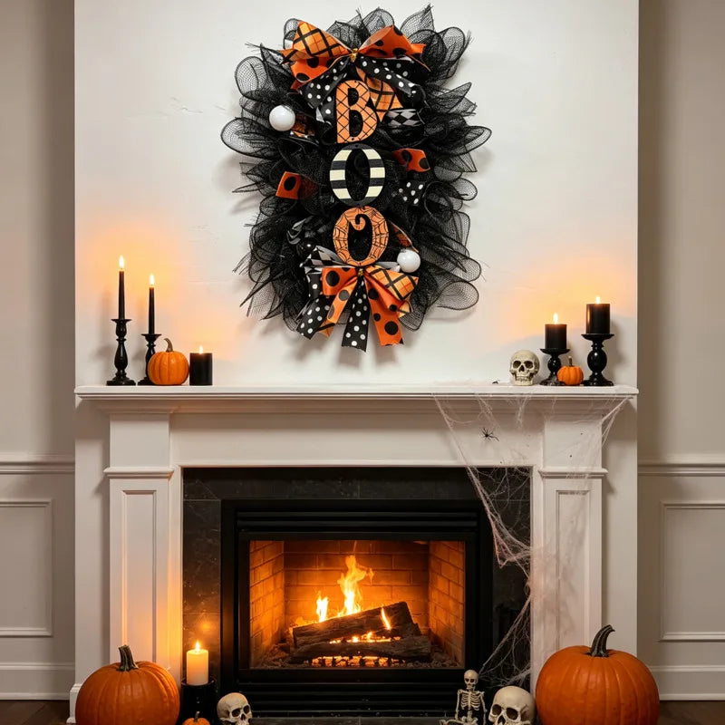 Guirlanda de Halloween BOO de 50x30cm, Decoração de Abóbora para Pendurar na Porta, Decoração de Festa para Porta da Frente, Varanda, Jardim, Parede, Ornamento de Outono