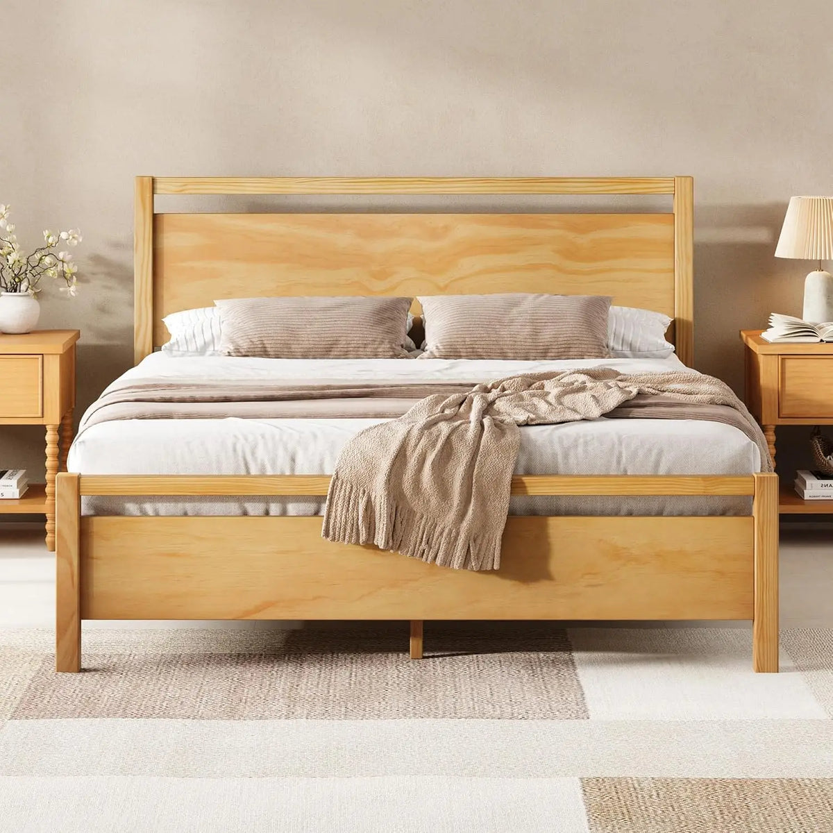 Cama Queen Size de Madeira Maciça com Cabeceira, Cama Plataforma Minimalista com Suporte de Ripas de Madeira/Sem Box Spring, Personalizável