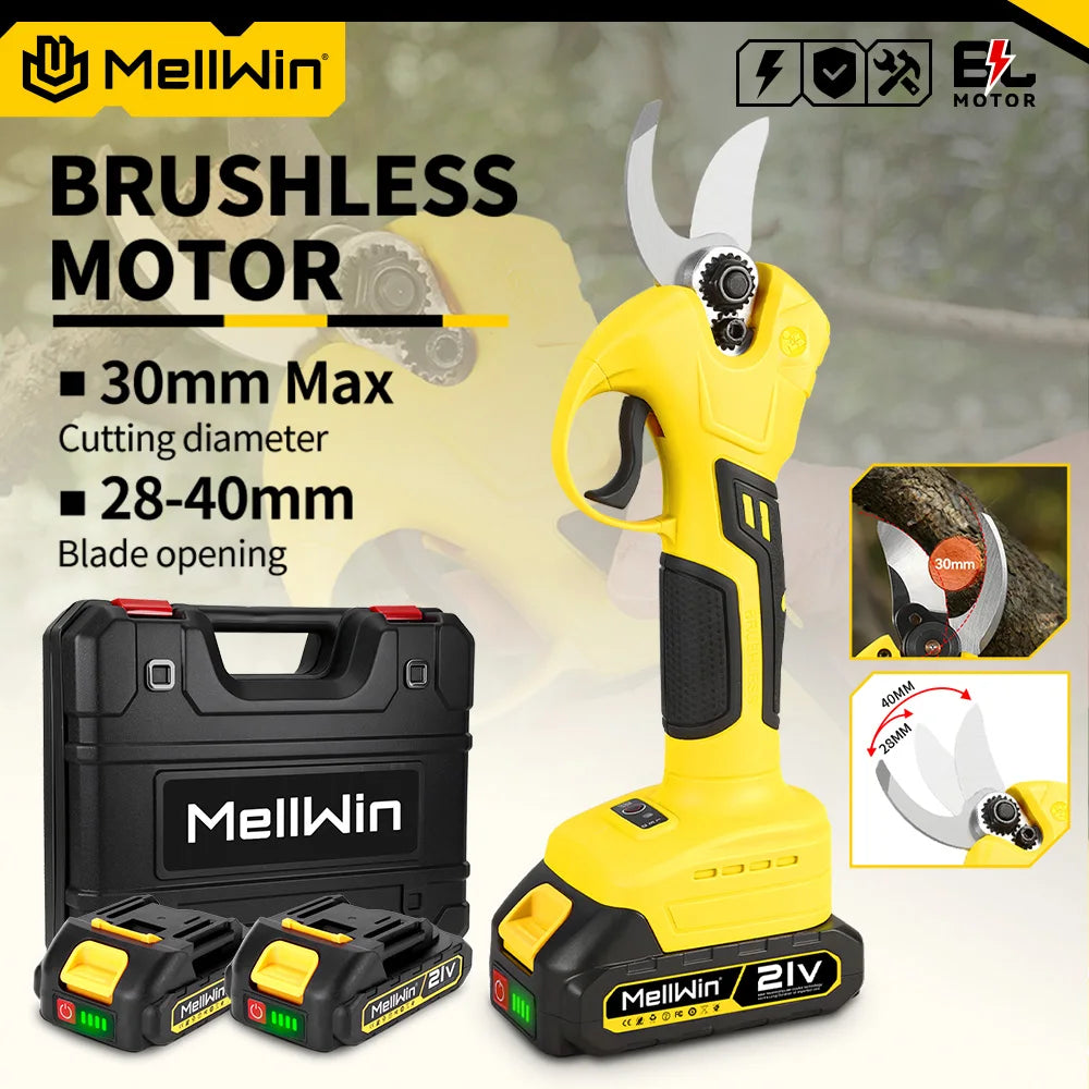 Mellwin 30mm tesouras de poda elétricas sem escova sem fio cortador de galhos de árvores frutíferas tesoura de jardim para makita 18v bateria pino