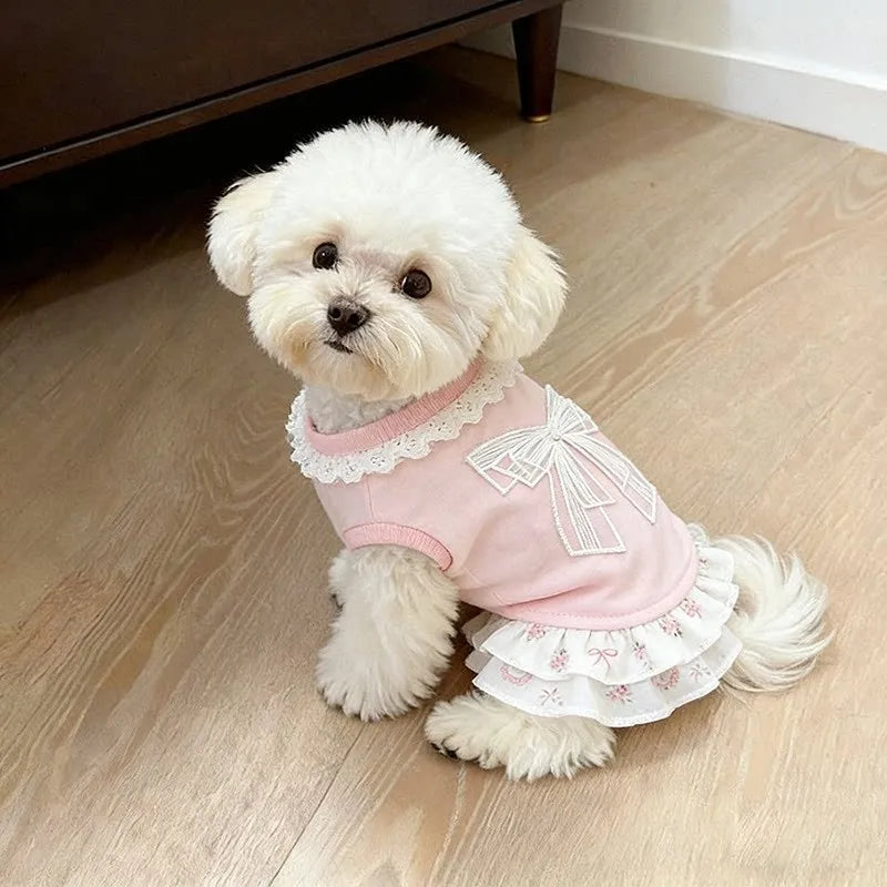 Vestido de Primavera/Verão para Pets, Fino, Rosa, com Laço, Saia Fofa, Roupa Respirável para Cães e Gatos Pequenos, Bichon, Schnauzer, Uso Diário