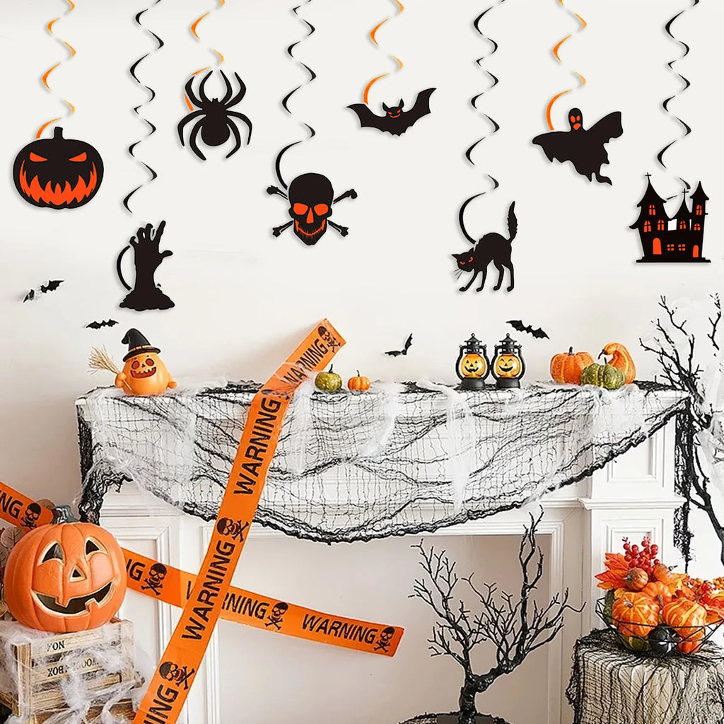 Decorações de Halloween para Pendurar, Enfeites de Teto com Abóbora, Aranha, Morcego, Caveira, Fantasma e Gato Preto, Decoração de Festa