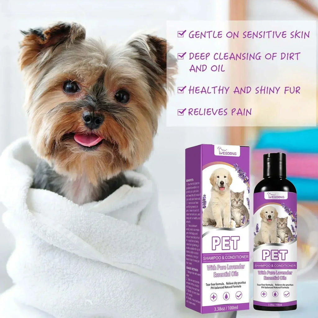 Shampoo e Condicionador para Animais de Estimação com Óleos Essenciais Puros de Lavanda, Fórmula Sem Lágrimas para Cães e Gatos, pH Balanceado, Cuidado Suave 100ml