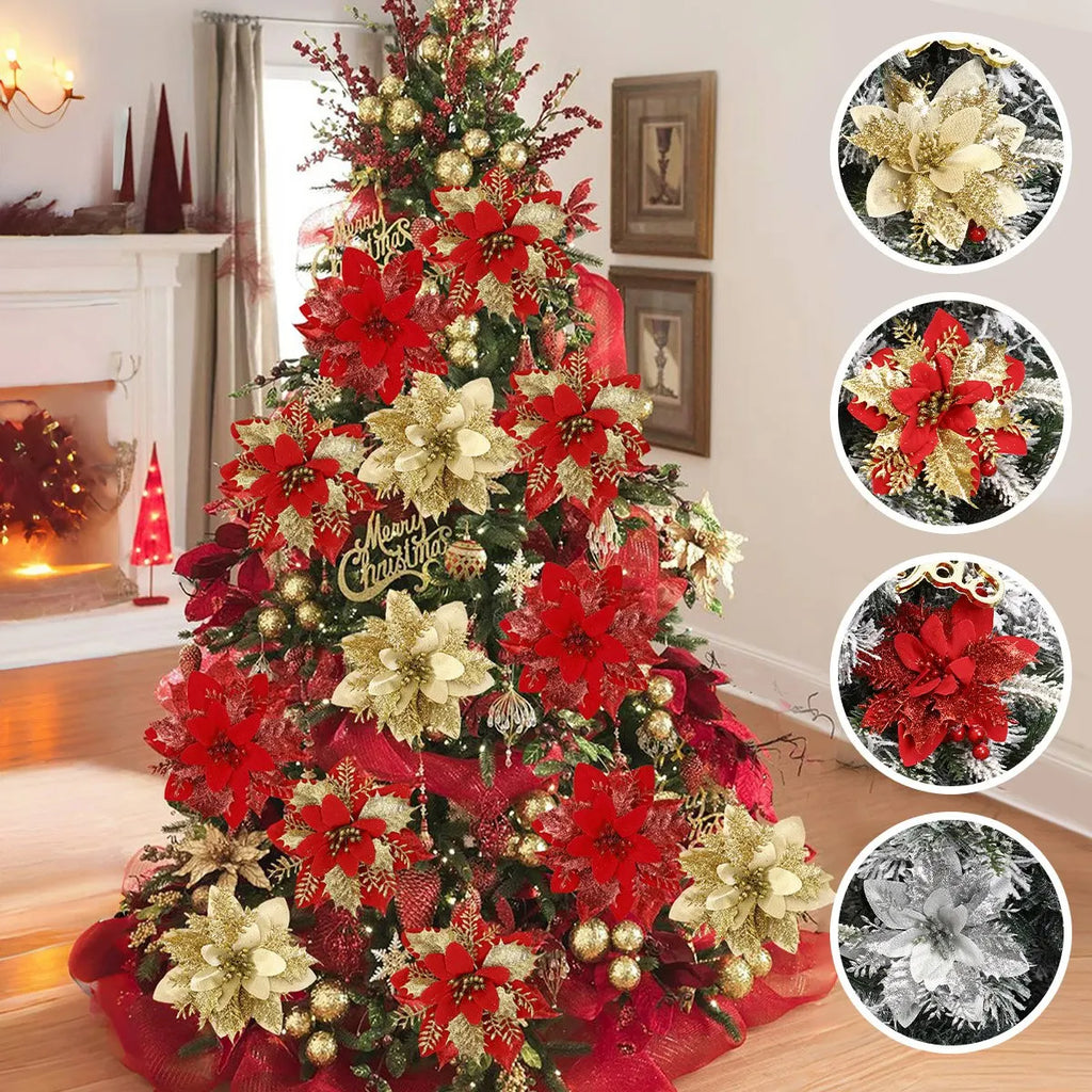 Natal glitter flores artificiais árvore de natal pendurado ornamentos flor falsa para casa 2025 natal ano novo 2026 navidad presente