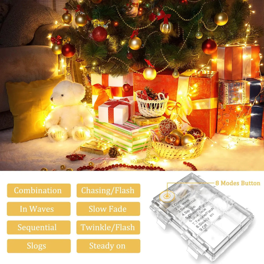 80 Luzes de Natal LED à Prova d'Água para Exterior, Cordão de Luzes de Fada Mini Pisca-Pisca com Controle Remoto, 8 Modos, Alimentadas por Pilha, para Uso Interno e Externo