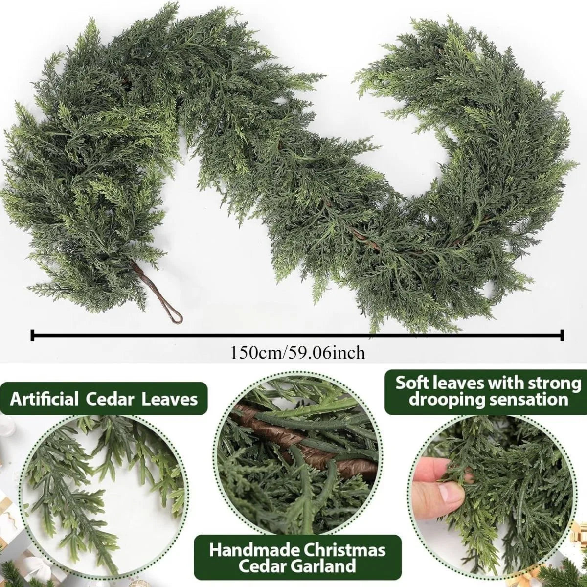 Guirlanda de árvore de Natal artificial com folhas de cipreste e enfeites de pinho para pendurar, ideal para decoração de festas em casa, áreas externas e jardins. Preço acessível.