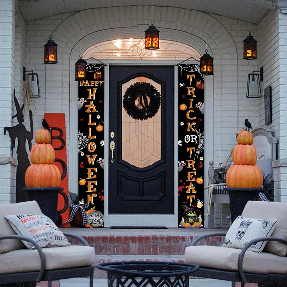 Banner de Halloween com Estampa de Abóbora, Teia de Aranha e Esqueleto, Decoração Assustadora para Pendurar na Porta da Frente ou na Parede, Ornamento de Terror, Artigos para Festa de Halloween