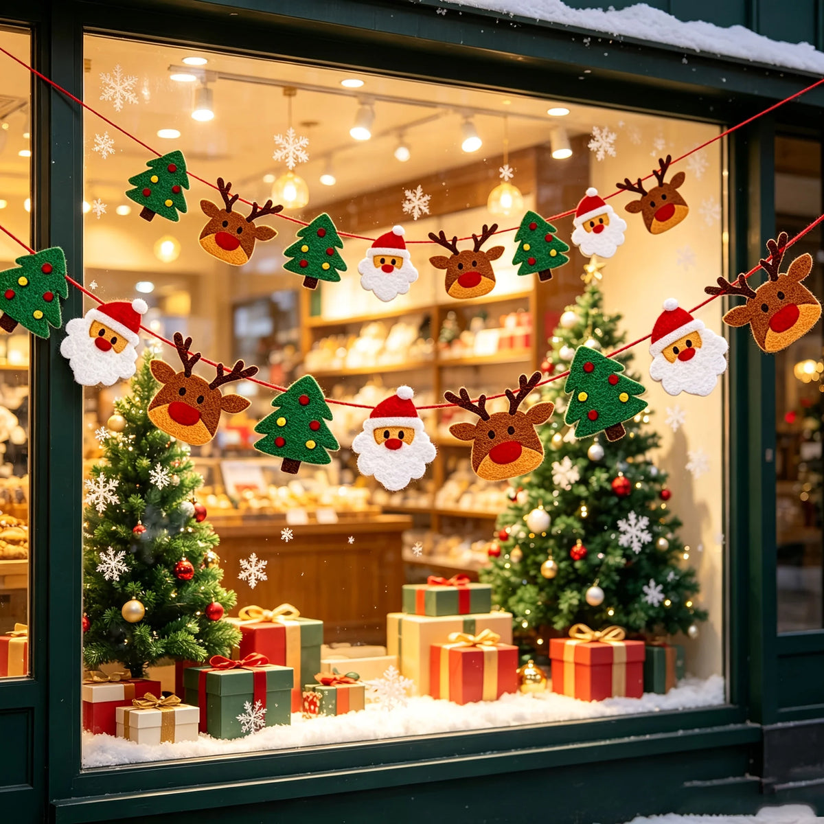 Guirlanda de feltro com tema natalino, incluindo renas, Papai Noel e enfeites de árvore de Natal, para pendurar em festas de inverno e celebrações natalinas.