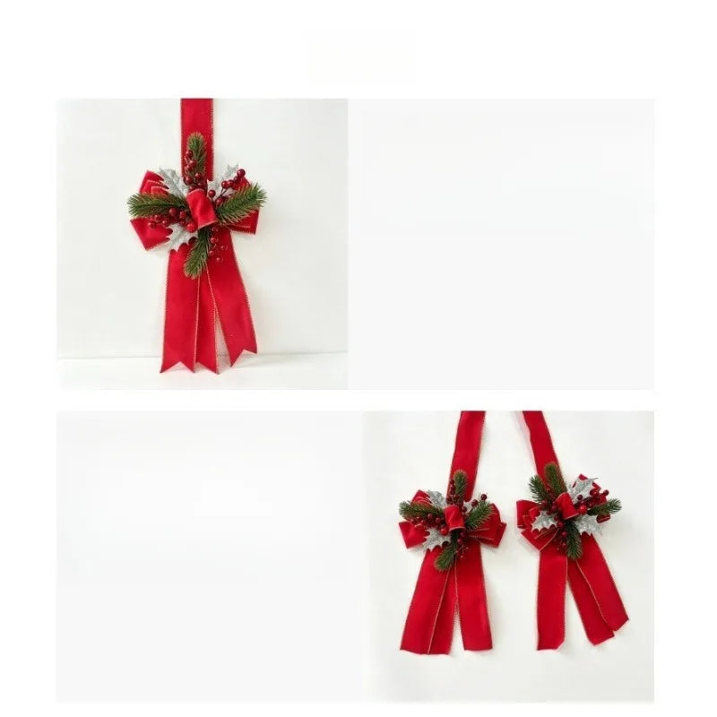 Laço de Natal para pendurar, com frutos vermelhos, agulhas de pinheiro e laço de veludo com bordas douradas e prateadas, para decoração de portas ou janelas.