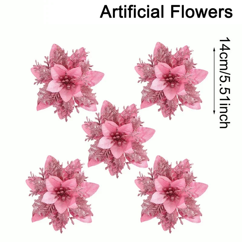 Natal glitter flores artificiais árvore de natal pendurado ornamentos flor falsa para casa 2025 natal ano novo 2026 navidad presente