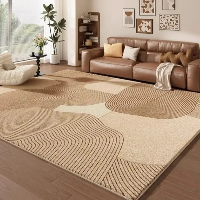 Tapete Grande para Sala de Estar e Quarto, Bege e Marrom, Estampa Abstrata de Linhas Onduladas, Carpete Macio, Decoração Moderna Minimalista para Casa