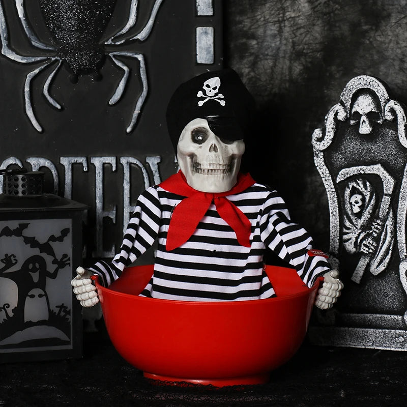 Decoração de cena de Halloween: balde de abóbora, prato de doces engraçado, adereços, enfeites, decorações de atmosfera de evento, decoração de bar