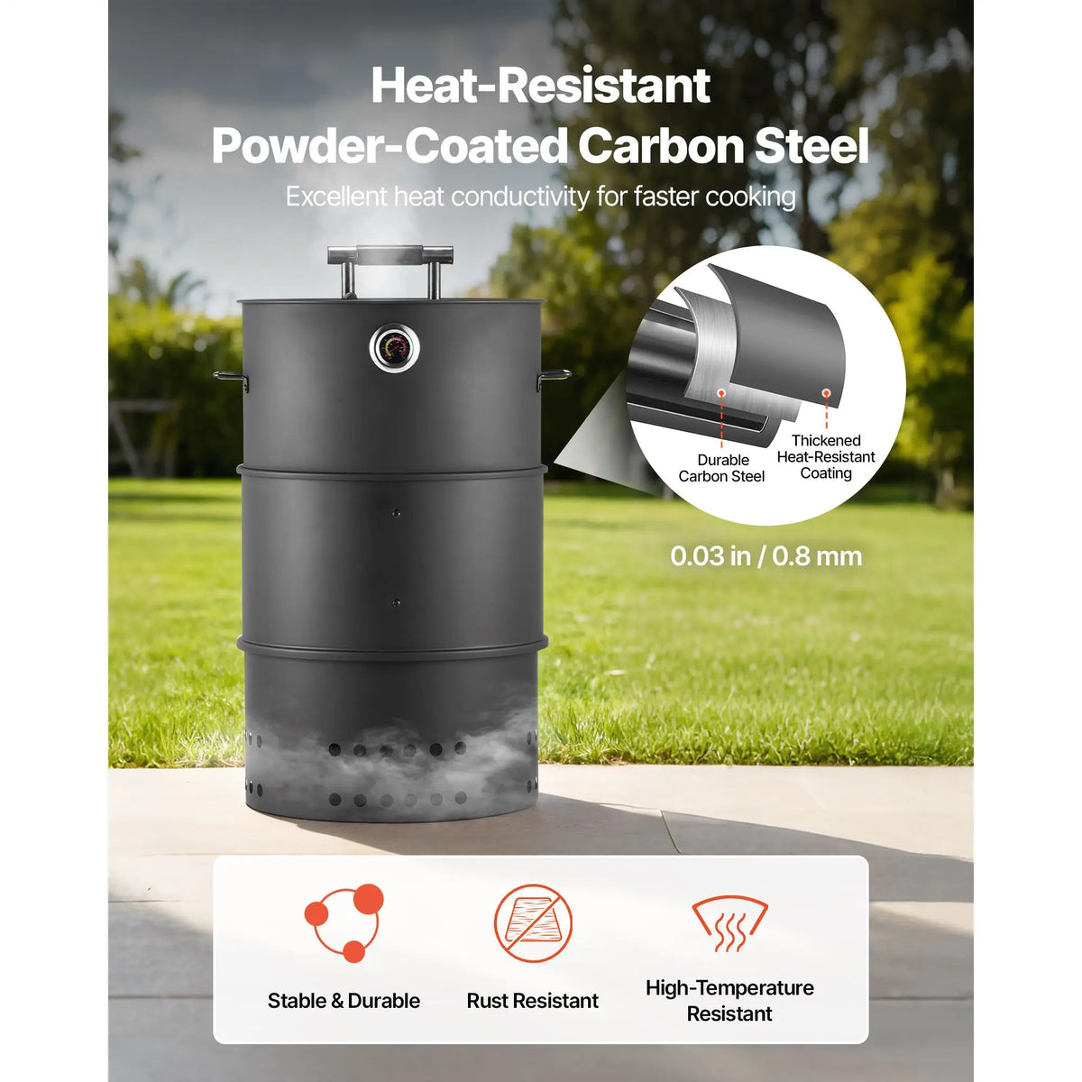 18.5\" Barrel Outdoor Charcoal Smoker Grill Coated Steel BBQ with 2 Grilling Grates and 1 Hanging Feature for Backyards