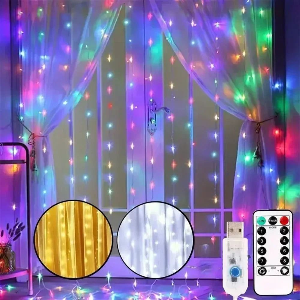 Ano novo 2026 lâmpada luzes de natal led fada string cortina luzes 8 modo remoto usb festão decoração natal para casa férias