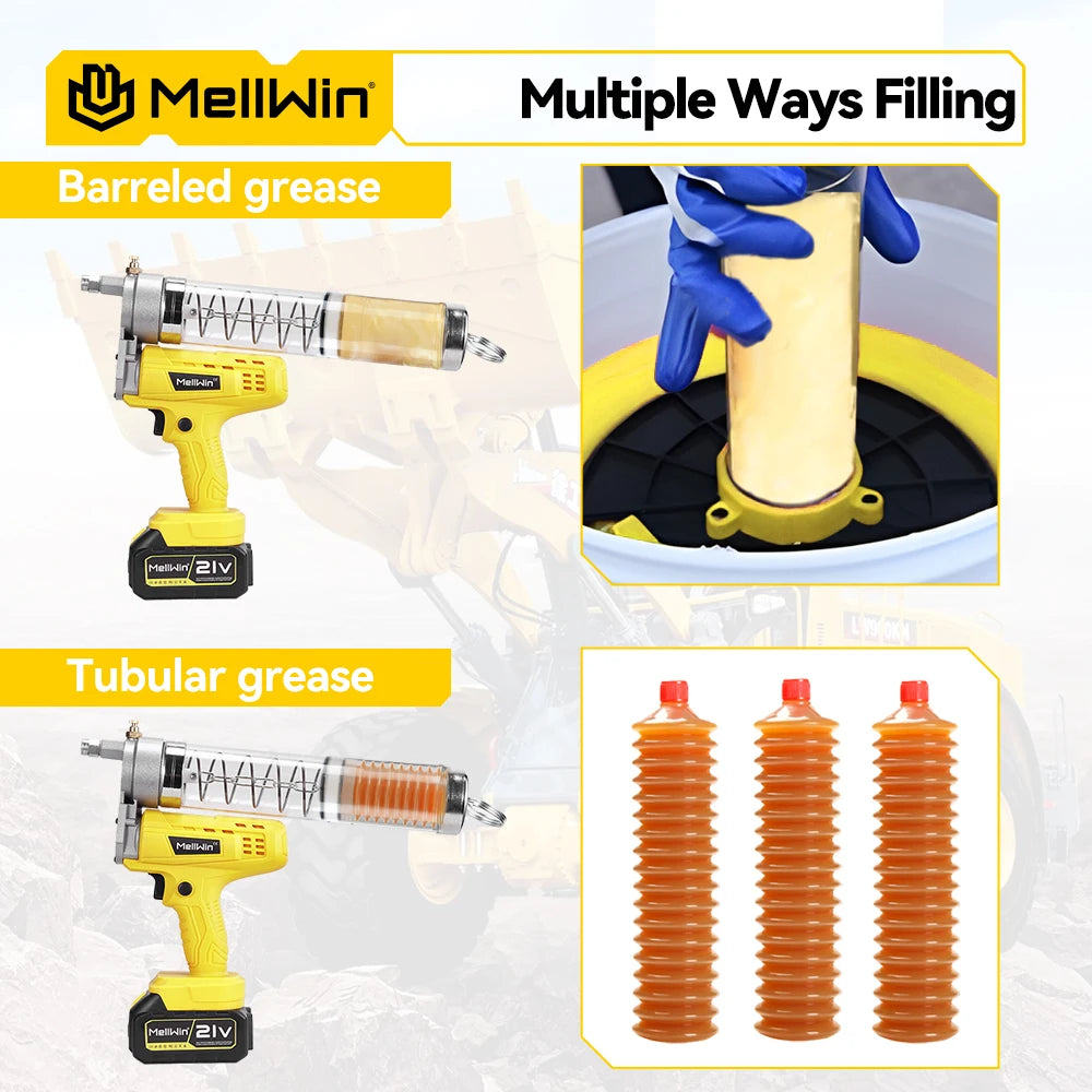 MELLWIN 12000PSL Máquina de Graxa Elétrica Sem Fio de Alta Pressão para Manutenção Automotiva, Ferramenta de Lubrificação a Óleo para Bateria Makita 18V