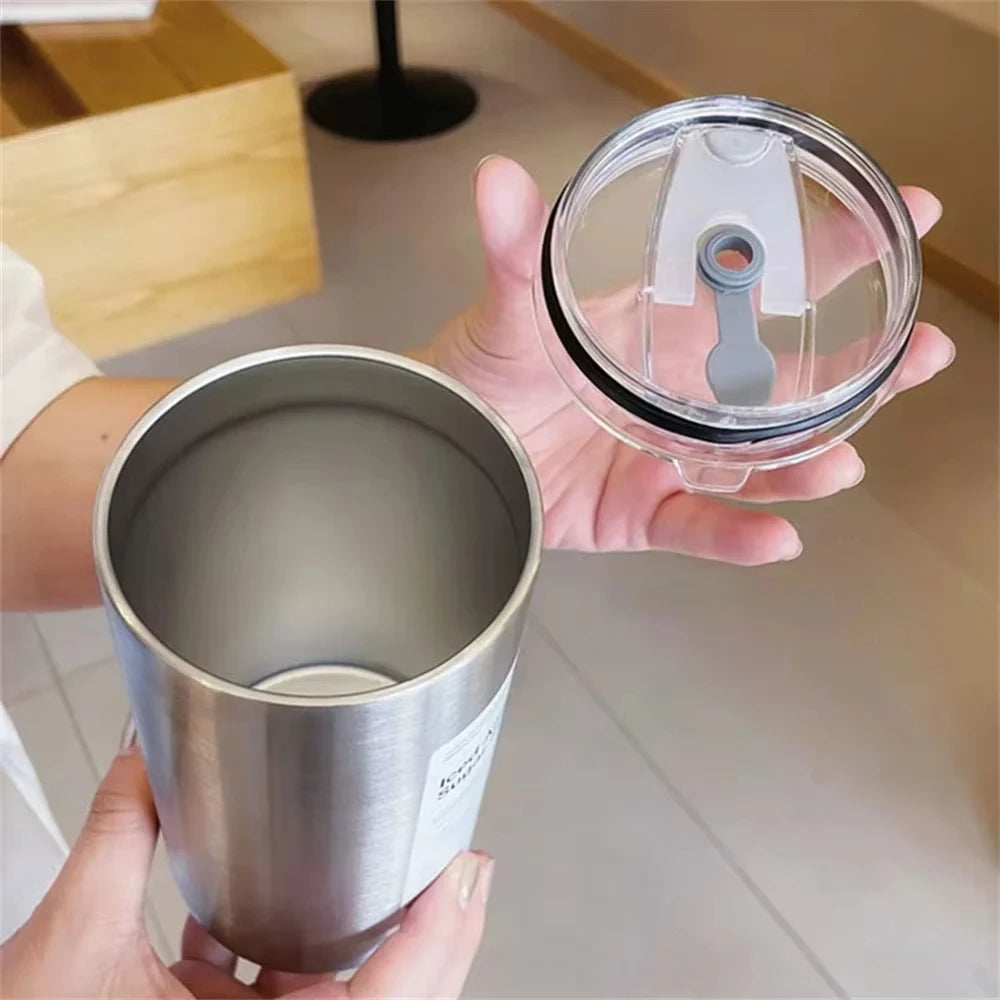 Copo Térmico de Aço Inoxidável 304 de 600ML com Canudo, Copo Reutilizável de Dupla Camada para Café Americano Gelado e Água Fria, Portátil
