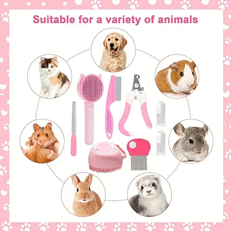 Kit de Beleza para Gatos com 8 Peças: Escova, Cortador de Unhas e Lixas, Kit de Higiene para Animais de Estimação, Pente Antipulgas