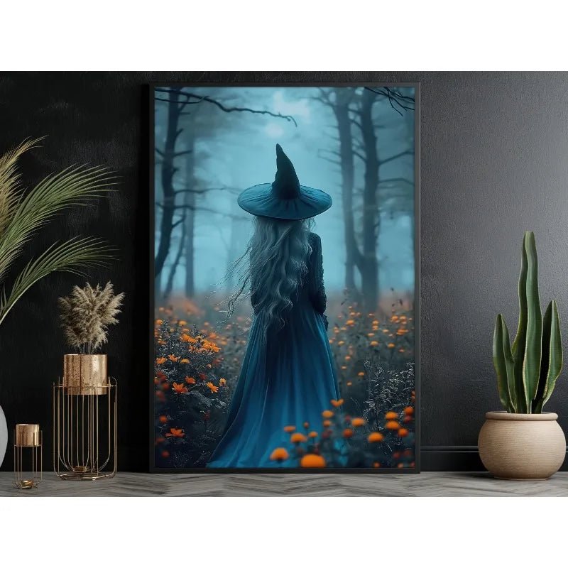 Pôster de Decoração de Parede de Halloween: Bruxa Sombria no Bosque com Flores - Impressão em Tela Sem Moldura para Decoração Festiva de Casa - Kasa & Pet
