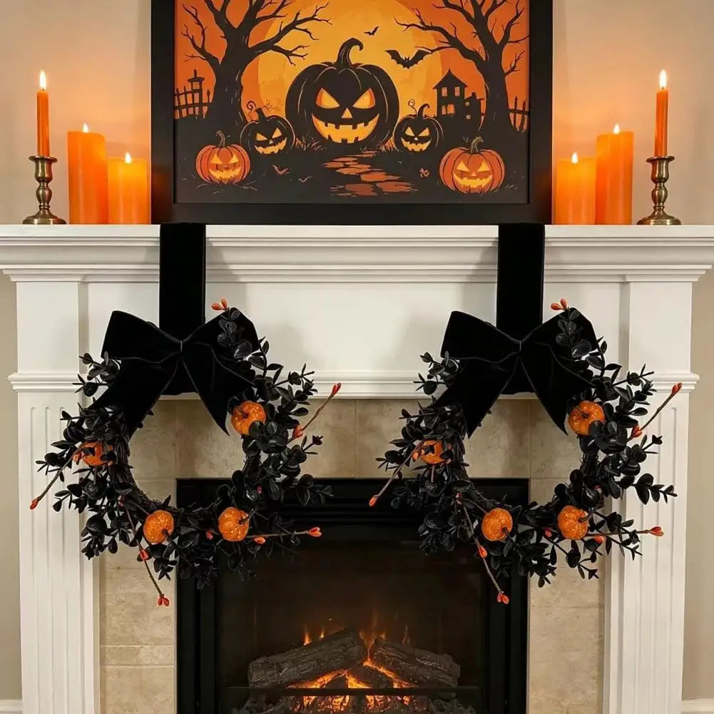 Guirlanda Preta de Halloween, Guirlanda Assustadora para o Halloween, Guirlanda de Abóbora para Porta da Frente, Decoração de Outono de 9 polegadas com Veludo Preto