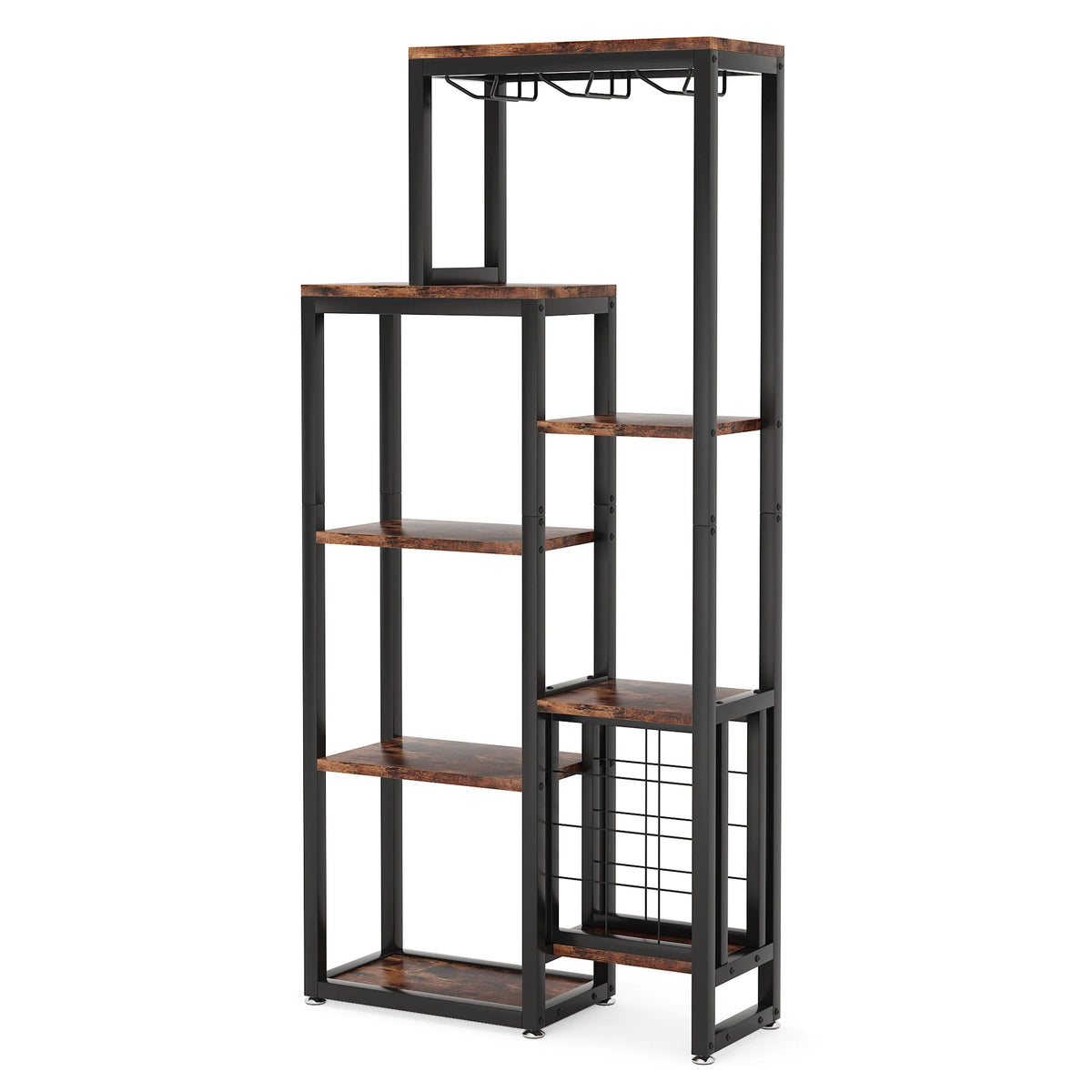 Cremalheira autônoma do vinho do assoalho das tribos com suporte de vidro e armazenamento do vinho, prateleira de exposição industrial do vinho, padeiro Rack, 5-Tier