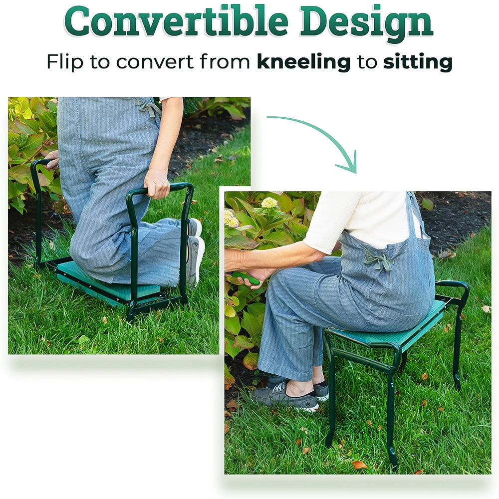 Banco de Jardim 2 em 1 Portátil com Bolsa para Ferramentas, Banquinho Dobrável com Almofada EVA, Ideal para Jardinagem e Trabalho no Quintal