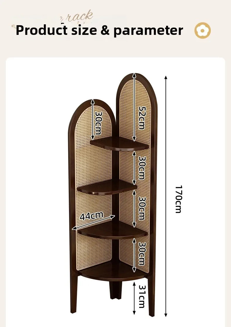 Estante Retro Triangular de Canto com Trama de Rattan para Sala de Estar, Divisória e Armazenamento para Quarto