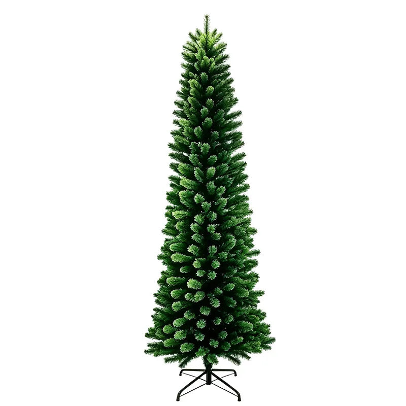 Árvore de Natal artificial, de formato alongado, cor verde-pinho, para decoração de festas e eventos familiares em ambientes fechados.