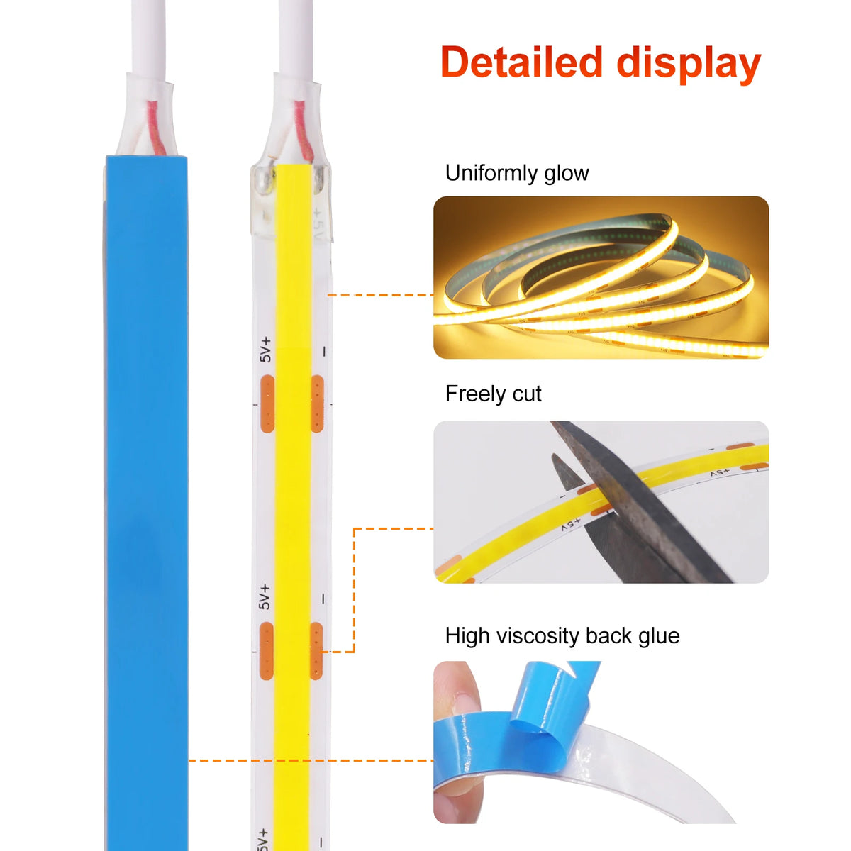 Dimmable COB LED Strip Light, Fita com interruptor ON OFF, Iluminação Linear de Alta Densidade, Fita Adesiva, USB, Flexível, 320LEDs, 5V