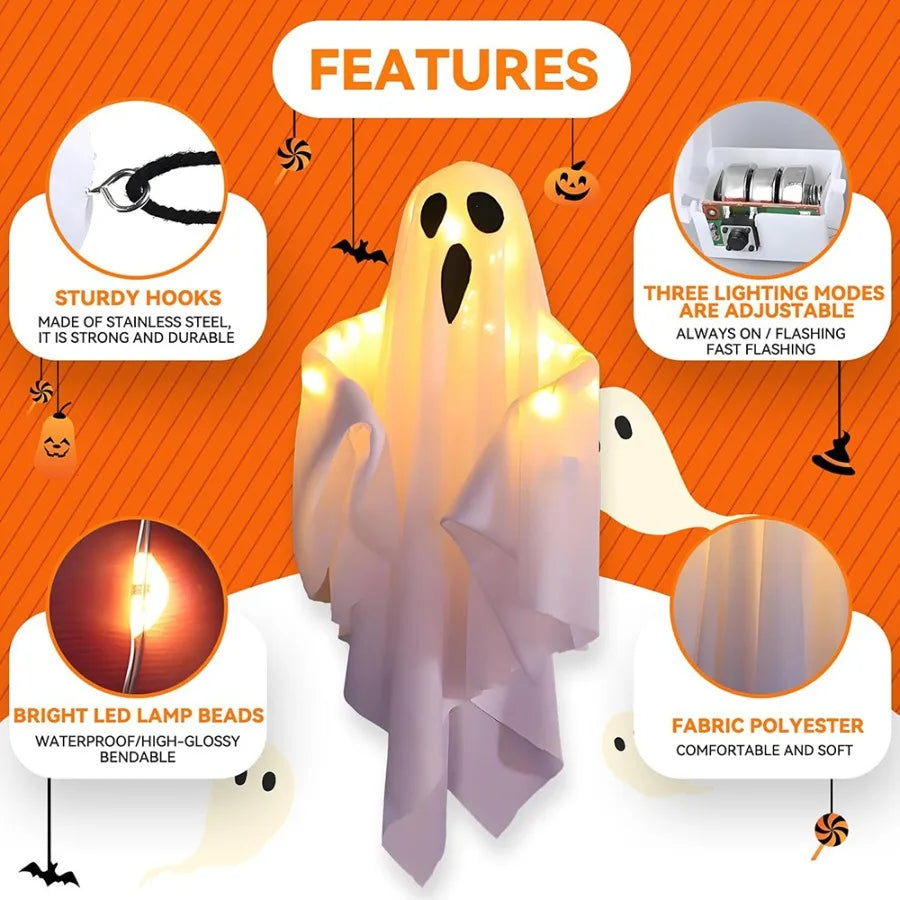 Decorações de Fantasmas LED para Halloween, Ornamentos de Fantasmas com Brilho Quente para Casa, Quarto e Decoração de Festa de Halloween