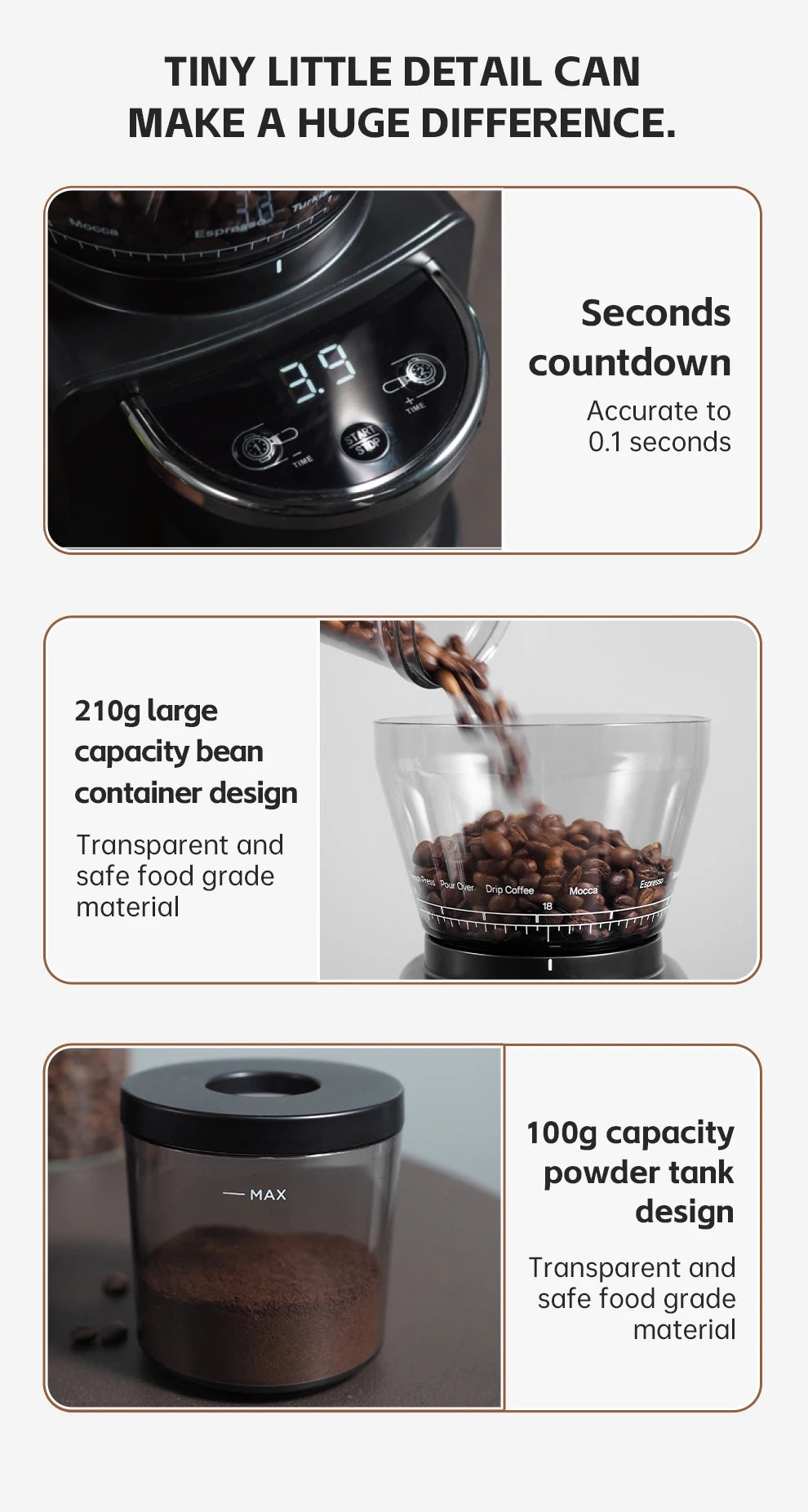 Hibrew moinho de rebarbas automático moedor de café elétrico com 34 engrenagens para café expresso americano despeje sobre armazenamento visual de feijão g3