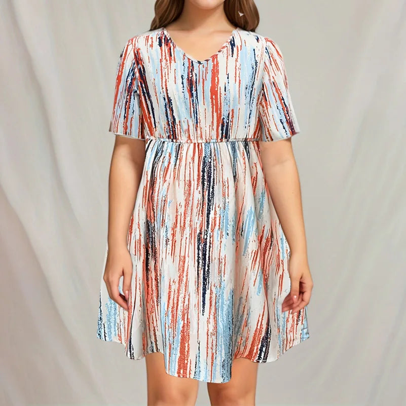 Plus Size Dress, Striped Printed V-Neck Short-Sleeved Loose Fit, Elastic Waist, Casual Resort Style Dress