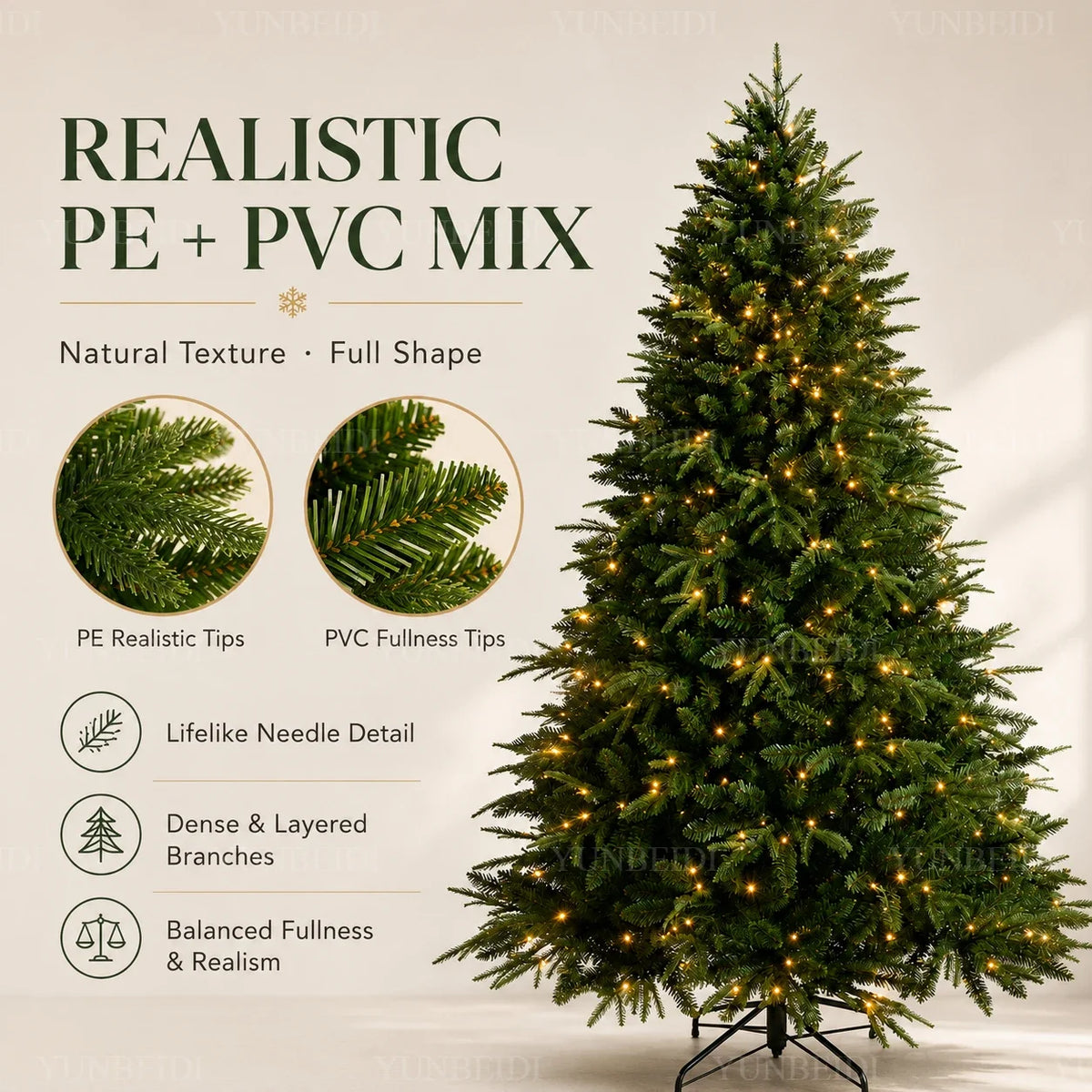 Árvore de Natal Artificial em Material PE+PVC, Grande Árvore de Natal Densa de 120cm a 270cm, Decoração para o Natal em Família e Ano Novo