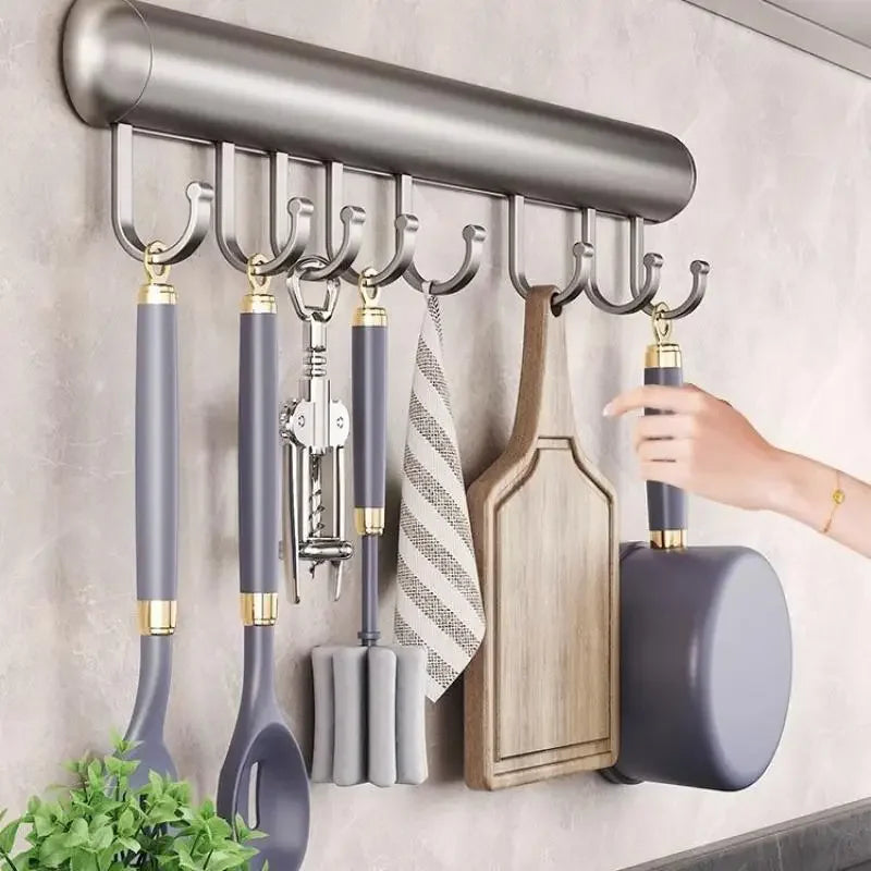 Suporte de gancho de cozinha, haste de suspensão sem perfuração, rack de armazenamento de parede, espátula, colher, espaço removível, cabides de gancho de alumínio