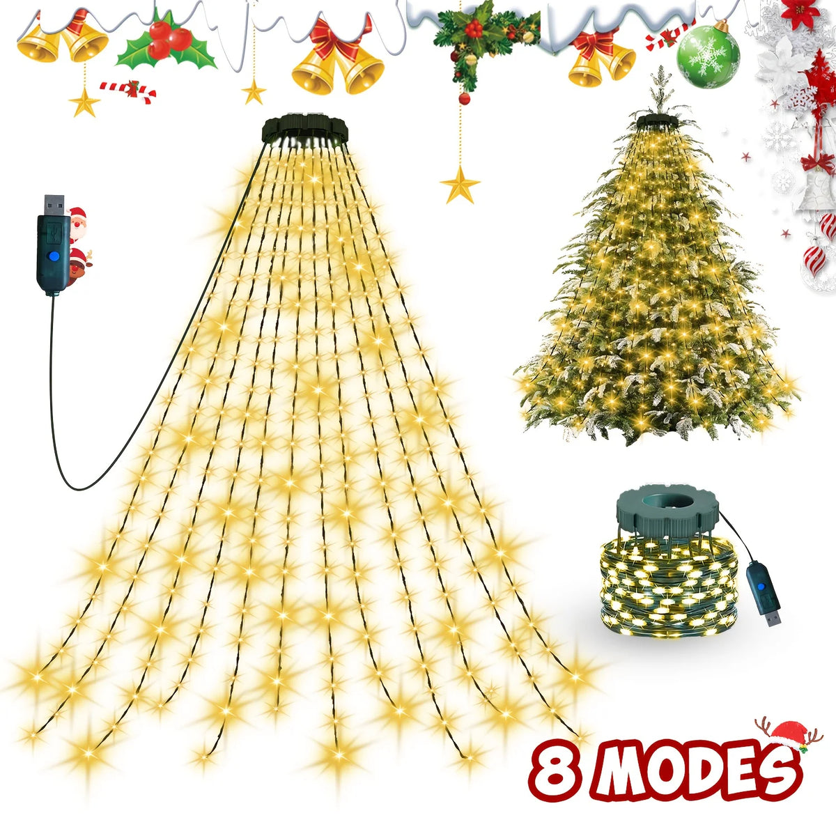 400 led 2m árvore de natal cachoeira luz alimentada por usb com controle remoto 8 modos de iluminação para jardim terraço casa decoração de natal