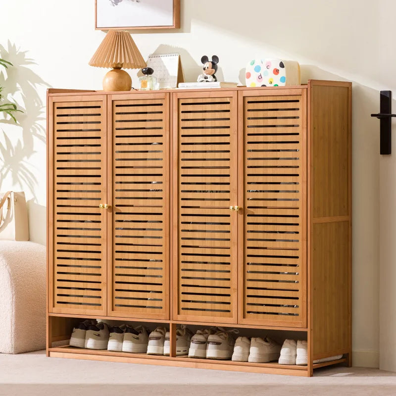 Armário de Sapatos de Bambu com Porta de Persiana, Armário de Armazenamento Multicamadas para Sala de Estar, Armário de Jantar, Armário de Utensílios de Cozinha