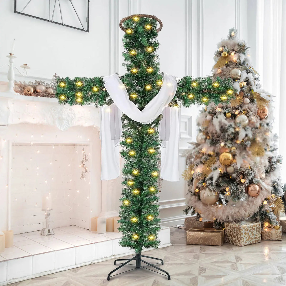 Decoração de interiores de Natal, árvore de Natal, cruz, árvore de Páscoa