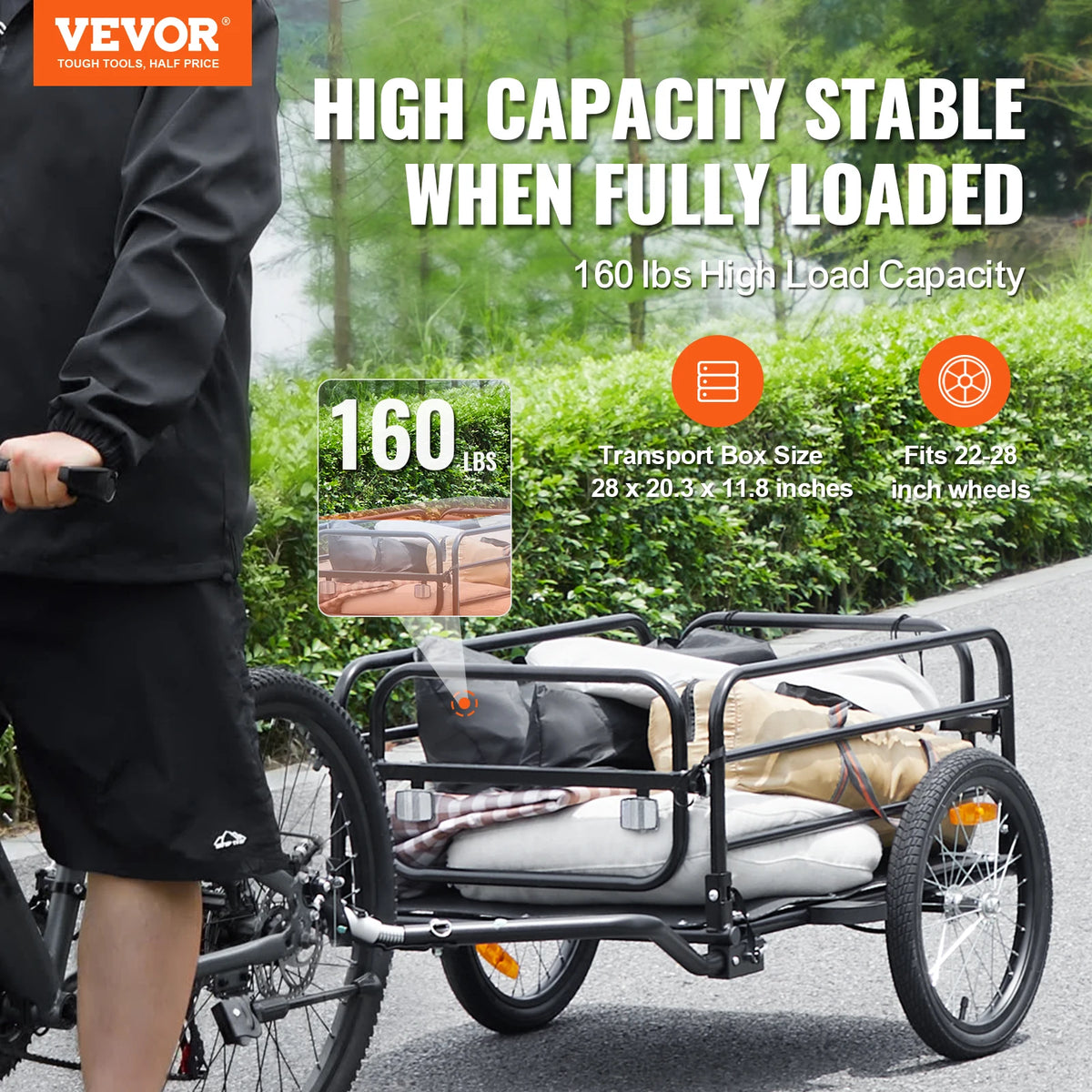 SucceBuy Carrinho de vagão dobrável para bicicleta, trailer de carga de bicicleta de 160 libras com engate universal, armazenamento compacto, adequado para rodas de bicicleta de 22 "-28"