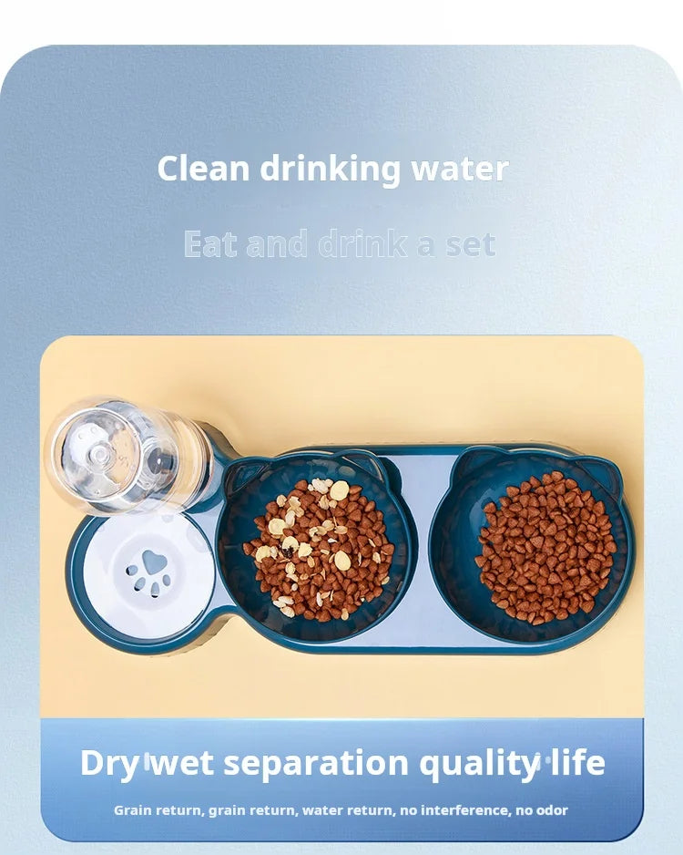 Tigelas de estimação com alimentador de água 3 em 1, design da orelha, tigela de água e comida de gato inclinada