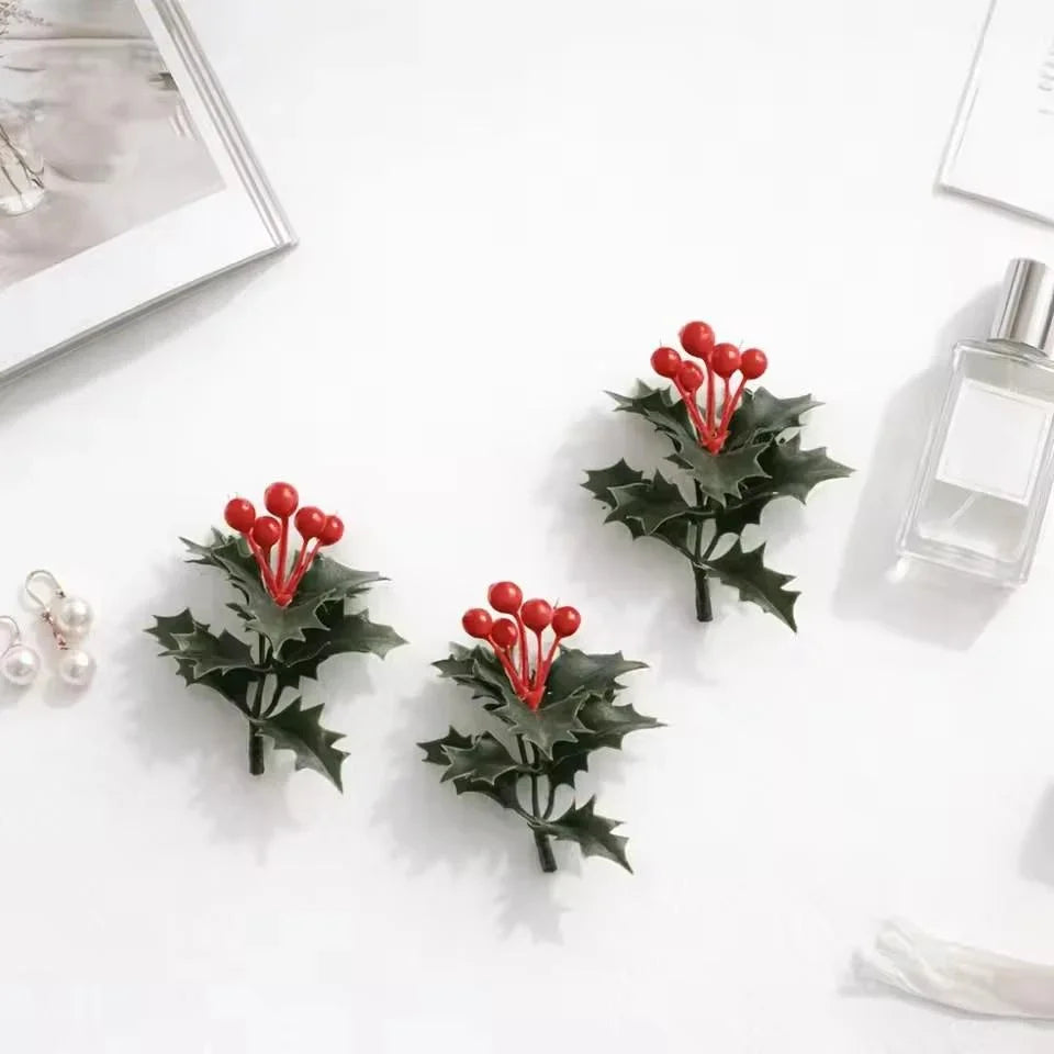 Guirlanda de Natal com Azevinho Artificial, Bagas Vermelhas, Folhas Verdes, Enfeites para Árvore de Natal, Guirlanda, Buquês DIY