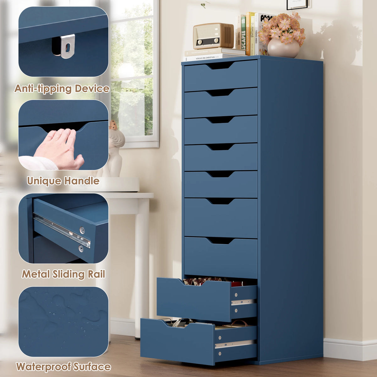 Getone Cômoda Quarto, Cômoda alta, Armário de armazenamento branco, Armário alto com 9 gavetas para sala de estar 124,3x45x40cm