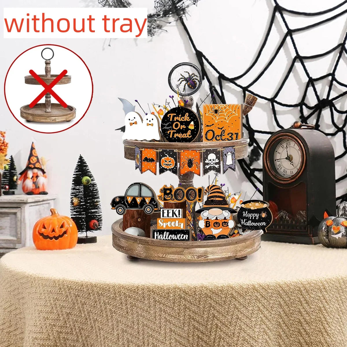 Placa de Mesa de Madeira 2D de Halloween, Sem Bandeja, Pote Mágico de Carro Laranja e Preto, Decoração de Bruxa, Gnomo e Fantasma, Decoração de Casa de Halloween
