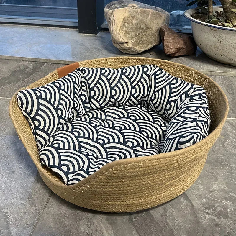 Cama para animais de estimação, canil macio para gatos, sofá, tecelagem de bambu, quatro estações, cestas de ninho aconchegantes, à prova d'água, almofada removível, saco de dormir