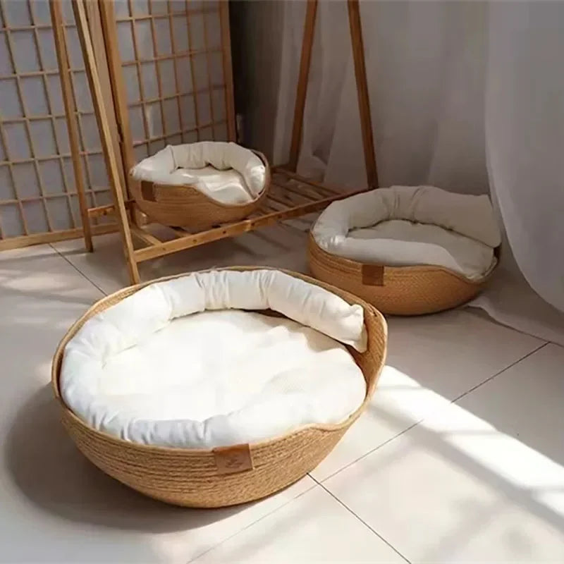 Cama para animais de estimação, canil macio para gatos, sofá, tecelagem de bambu, quatro estações, cestas de ninho aconchegantes, à prova d'água, almofada removível, saco de dormir