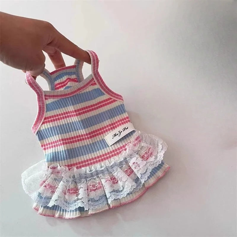 Pet primavera listrado cinta superior cão gato roupas bonito princesa saia pequeno cão teddy colete fino topo filhote de cachorro roupas