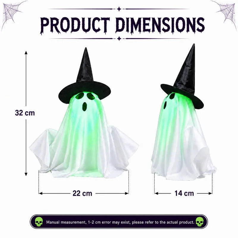 Decoração de Halloween Fantasma Iluminado com Chapéu de Bruxa, Rosto Verde Brilhante com Efeito Sonoro Assustador, Enfeite de Mesa para Festa de Casa Assombrada