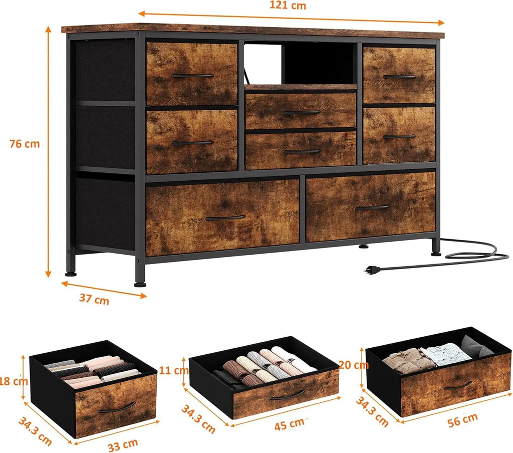 Cômoda de Tecido com 8 Gavetas e Suporte para TV com Luzes LED, Estação de Carregamento e Unidade de Armazenamento para Quarto de Bebê, Sala de Estar e Corredor