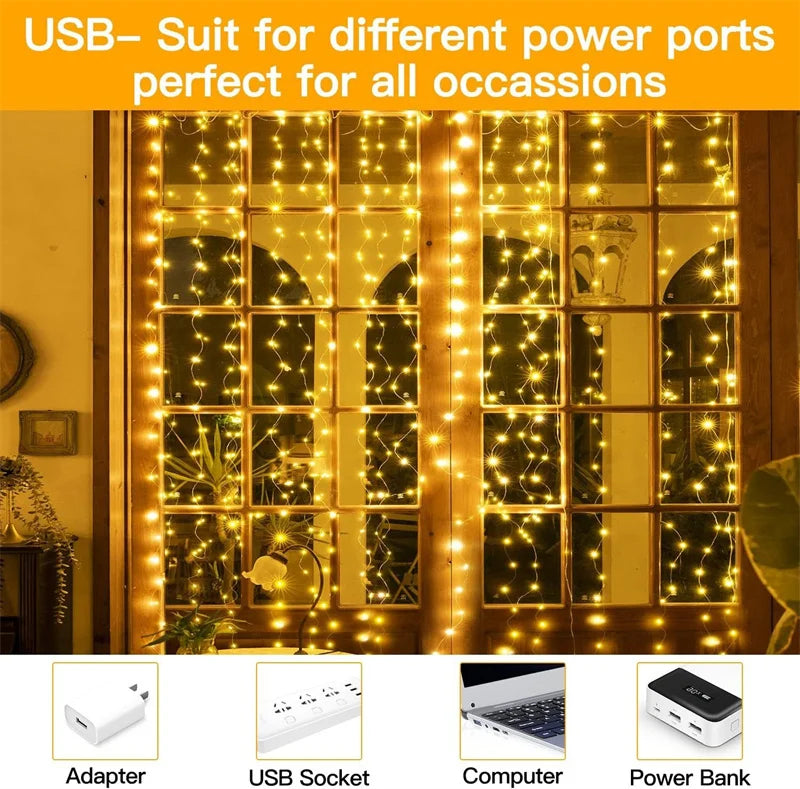 Luzes de natal led luzes de cortina de fadas 8 modo remoto usb festão decoração de natal para casa férias lâmpada de ano novo