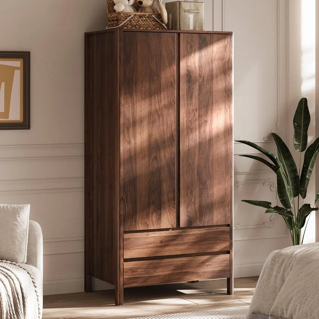 Guarda-Roupa Moderno de Nogueira com 2 Portas e 2 Gavetas, 180 cm de Altura, Armário de Quarto com Puxadores Ocultos, Armazenamento de Madeira Independente
